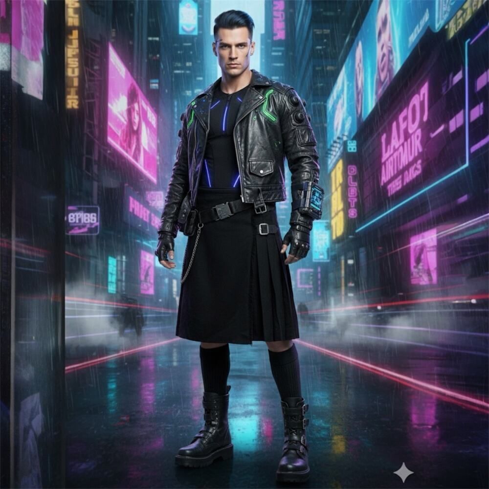 Black Modern Kilt 32W Alt Goth Grunge Cyberpunk Mid-weight Festival Casual Punk